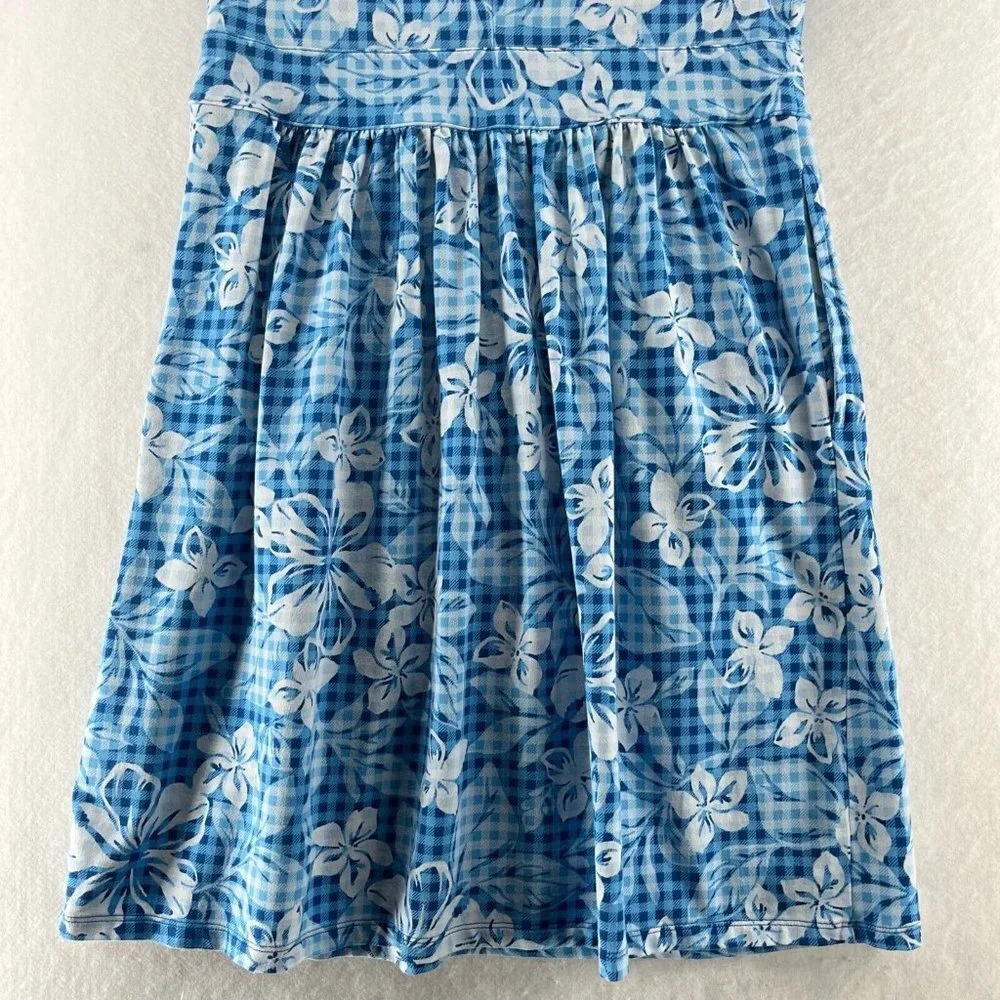 Lands End Dress S 6-8 Floral Check Short Sleeve A-Line Stretch Cotton Modal Blue - Picture 6 of 12